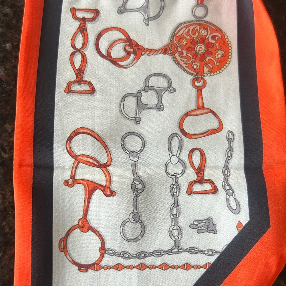 Silk Twilly Scarf in White and Orange with Chain Print - Picture 2 of 3